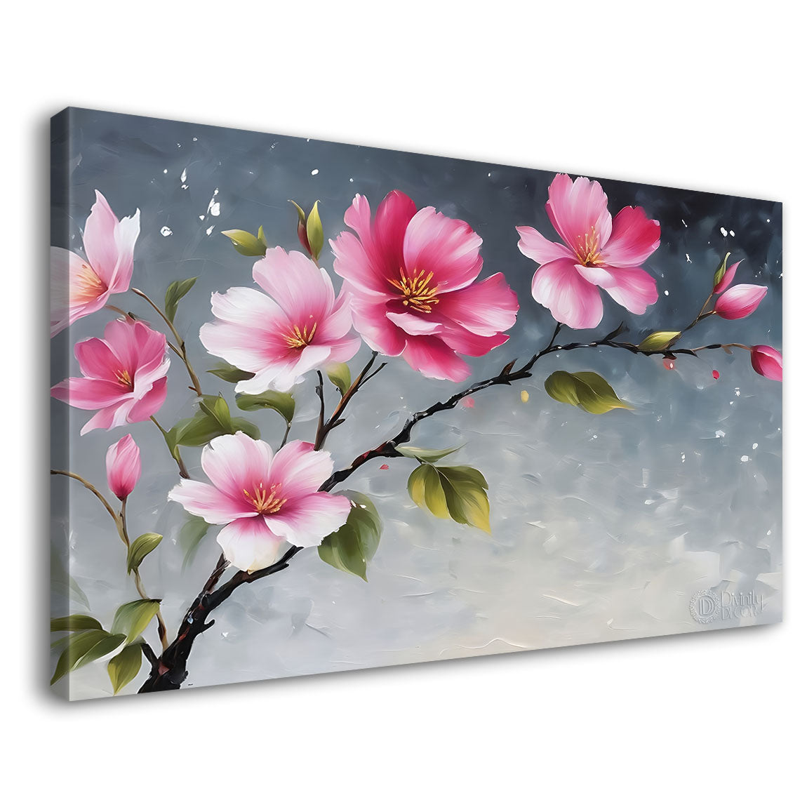 Pink flowers in grey background canvas painting- Flower-862