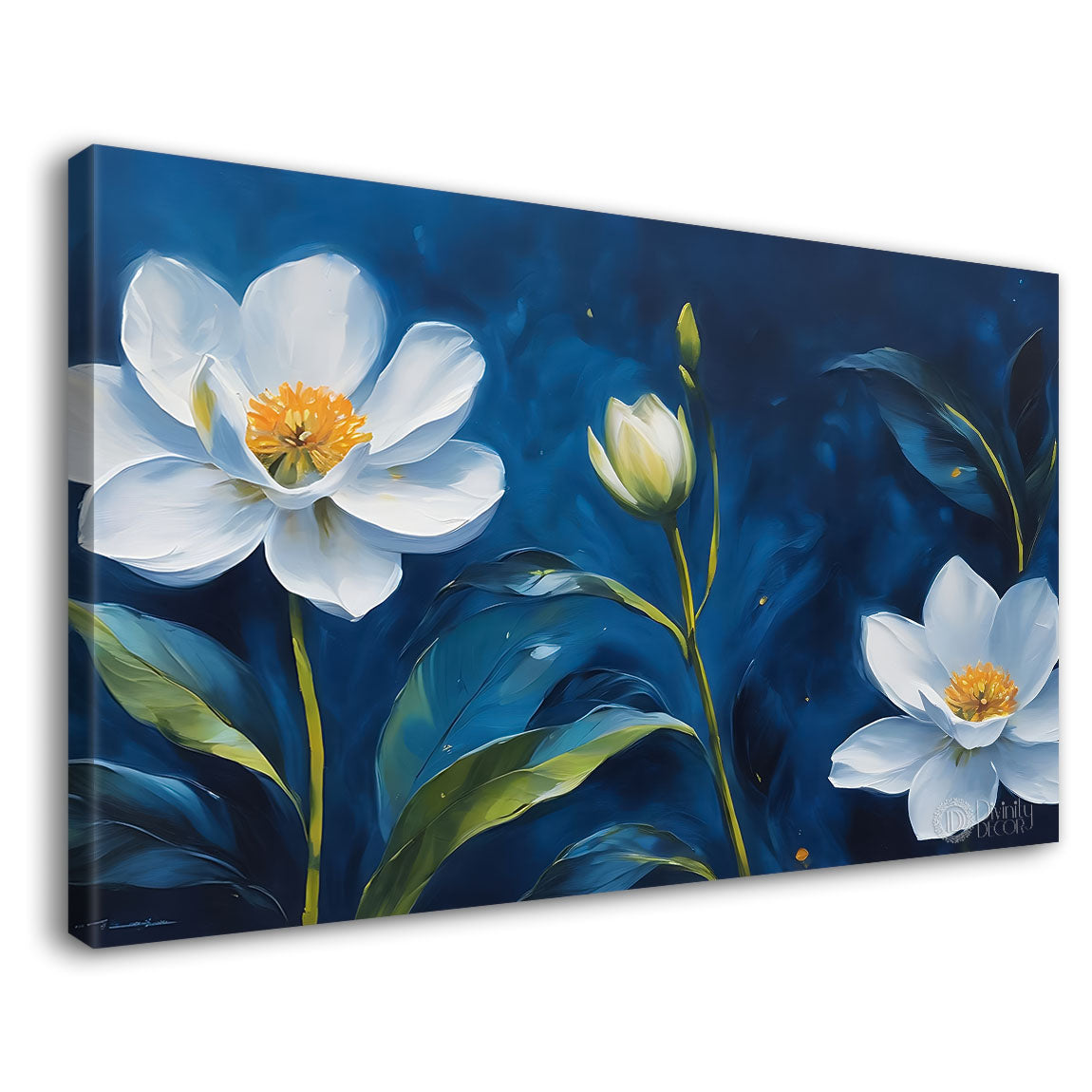White flowers in navy blue background canvas painting- Flower-863