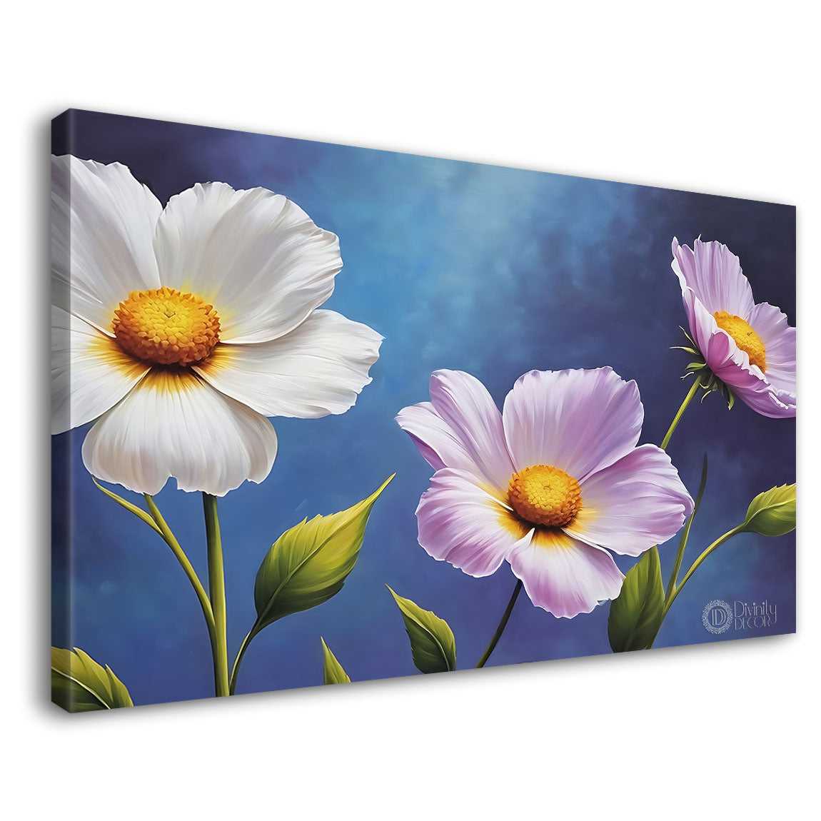 White and pink flowers in blue background canvas painting- Flower-864