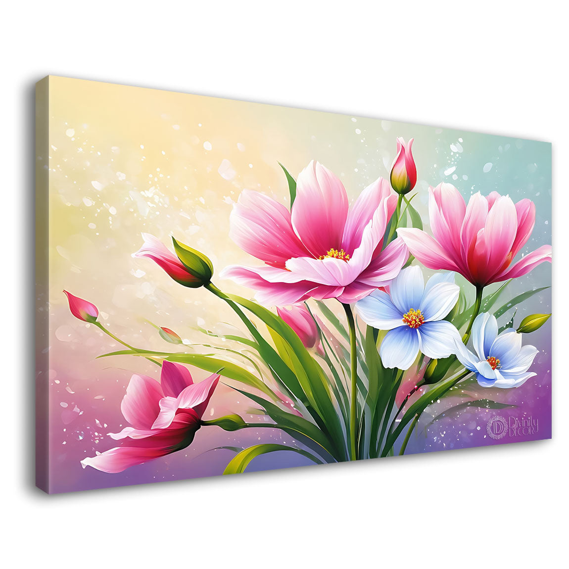 Pink flowers in colorful background canvas painting- Flower-865
