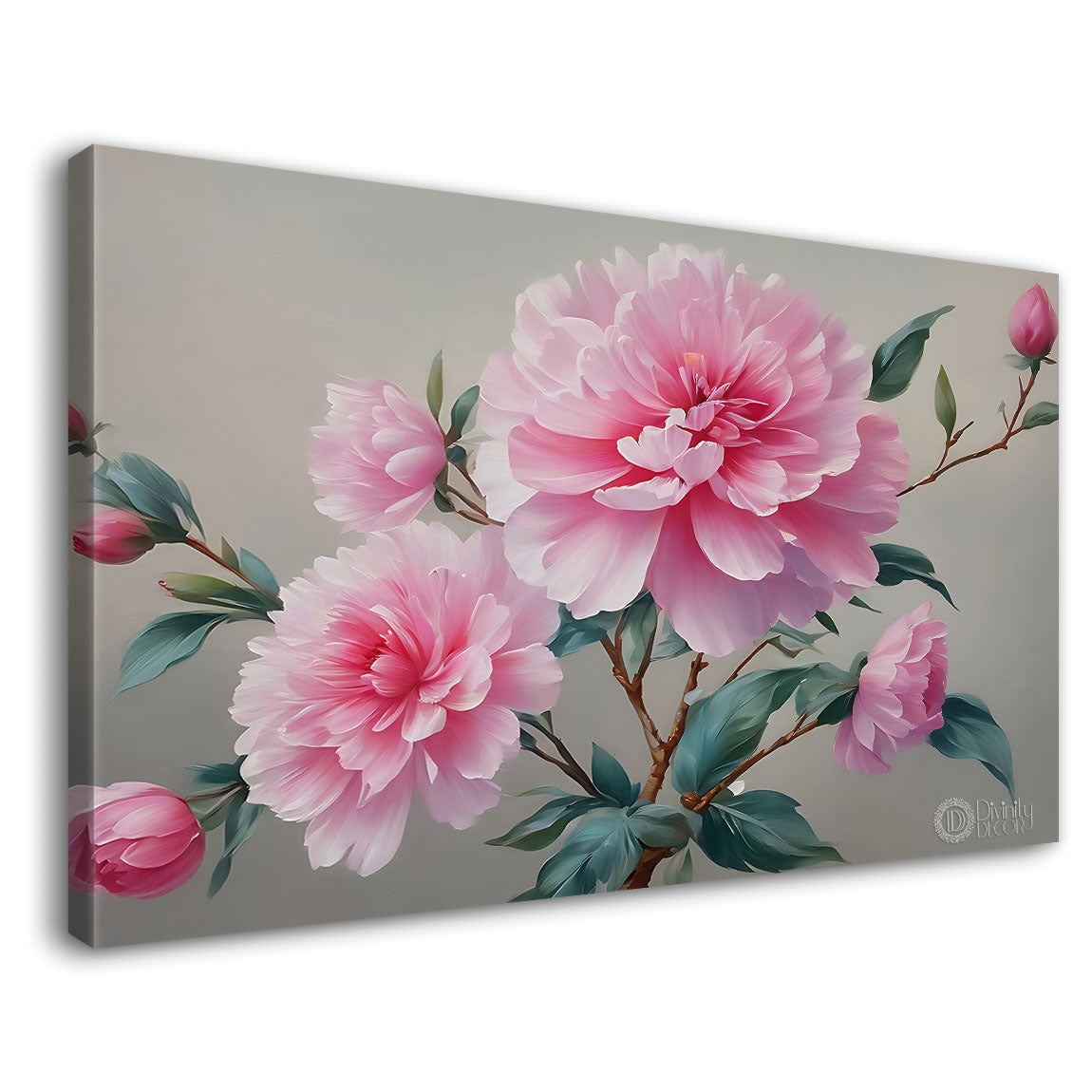 Pink flowers in grey background canvas painting- Flower-869