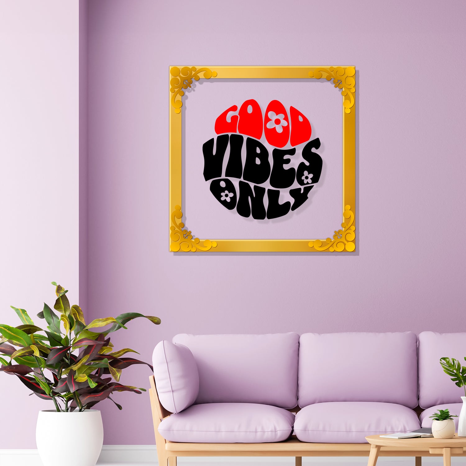 Good vibes only Golden Plaque for Gifting, Wall Decor Clear UV print with Golden Border-86