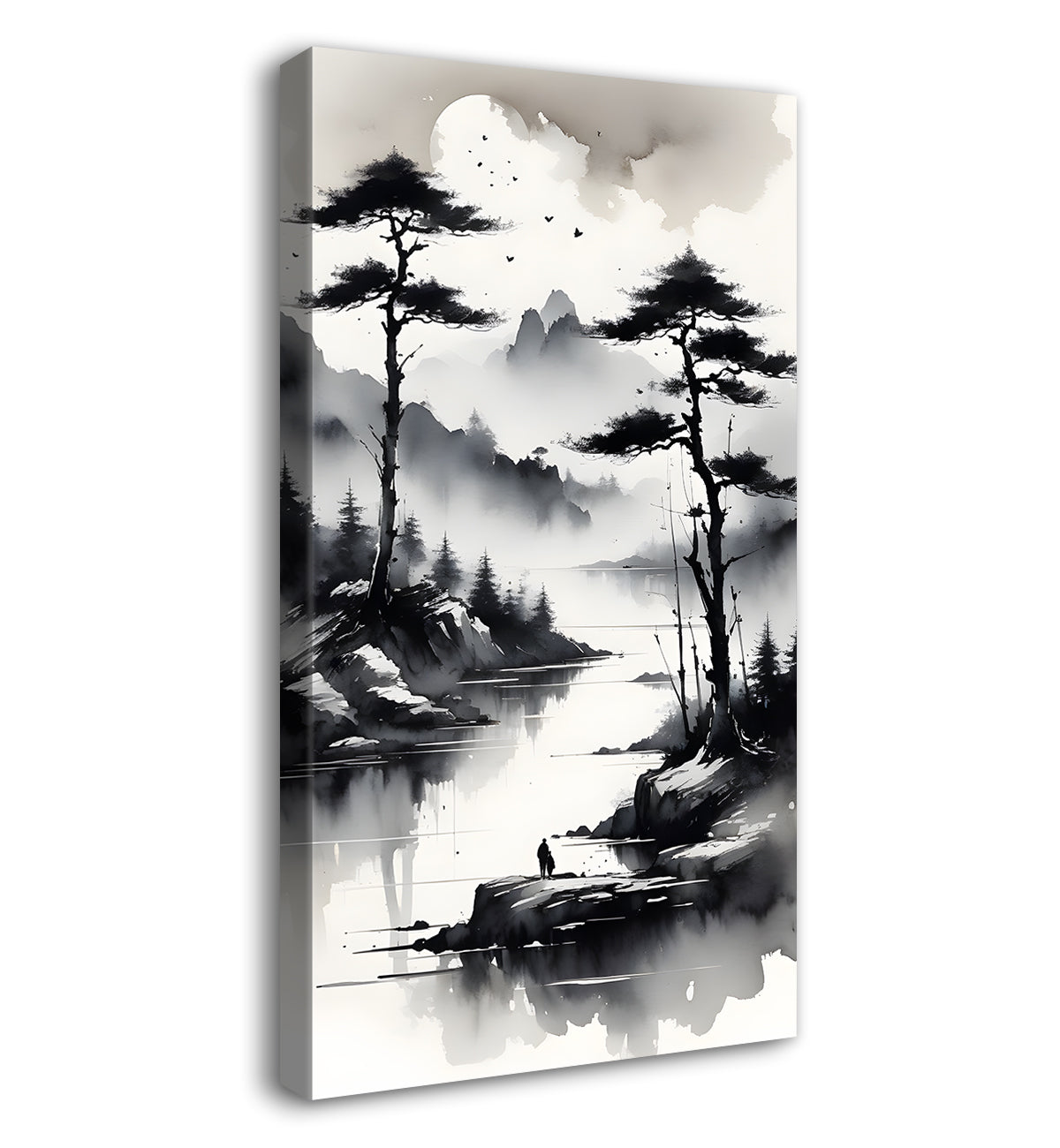 Mountais with lake and trees in blck and white texutred painting Canvas Painting - Nature Art -V-86