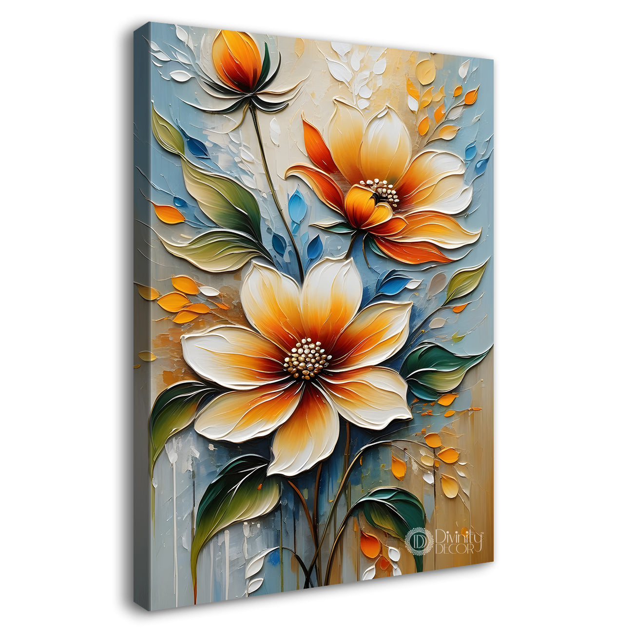 Orange flowers in light grey textured painting - Flower-V-86