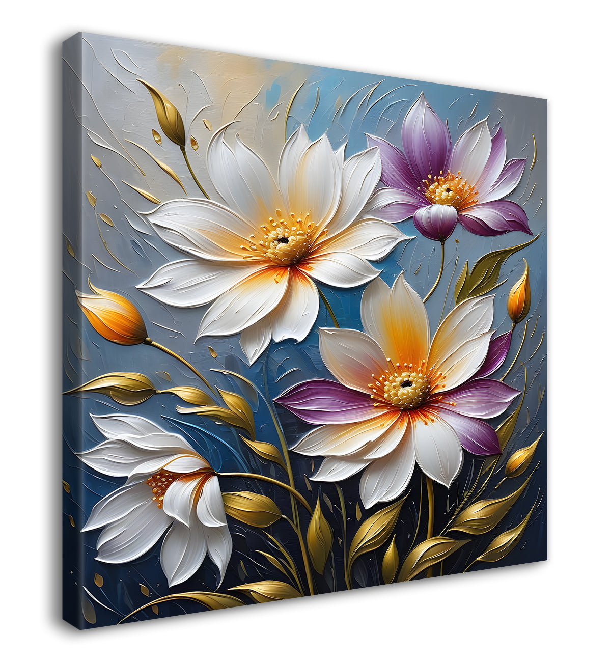White flowers in blue  background textured painting - Flower-S-86
