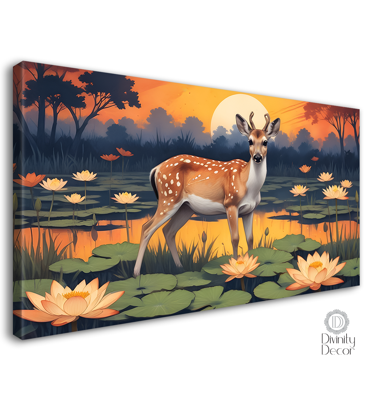 Deer with lotus in sunrise textured art.- Design - Animal -86