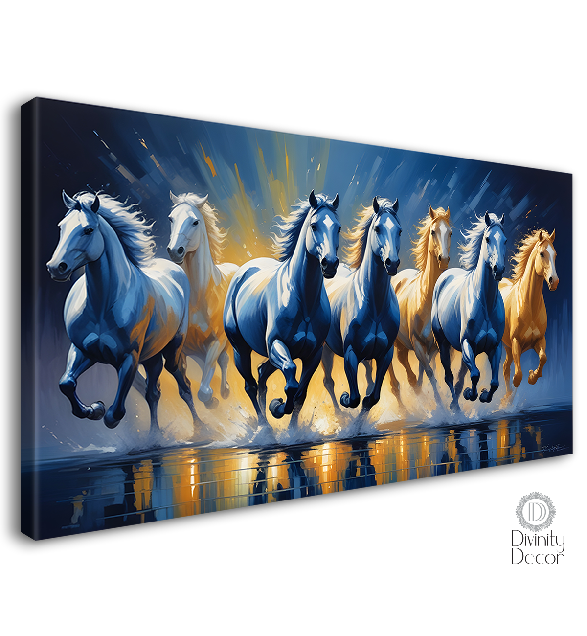 Brown and blue running horses on the water in dark blue textured background art Canvas Painting - Design - Horse-87