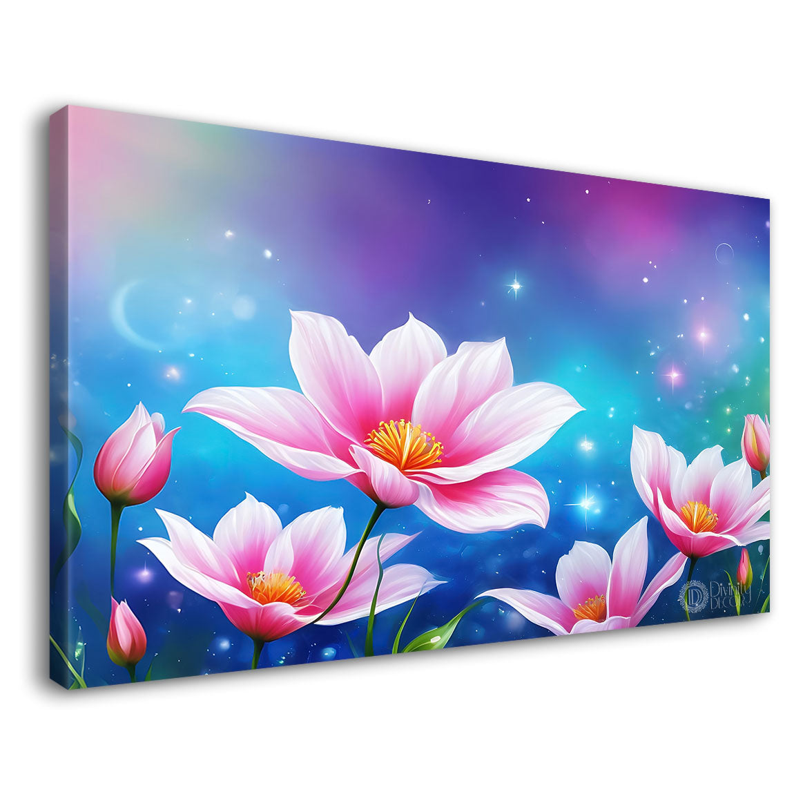 pink flowers in colorful background canvas painting- Flower-871