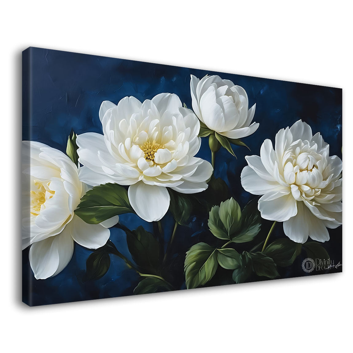 White flowers in navy blue background canvas painting- Flower-872