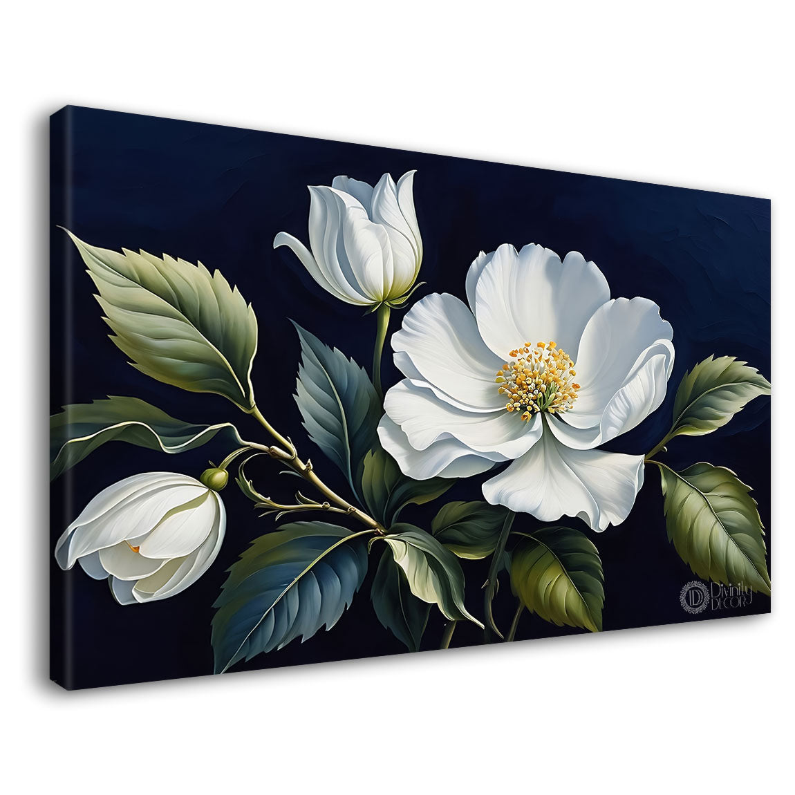 White flowers in navy blue background canvas painting- Flower-873