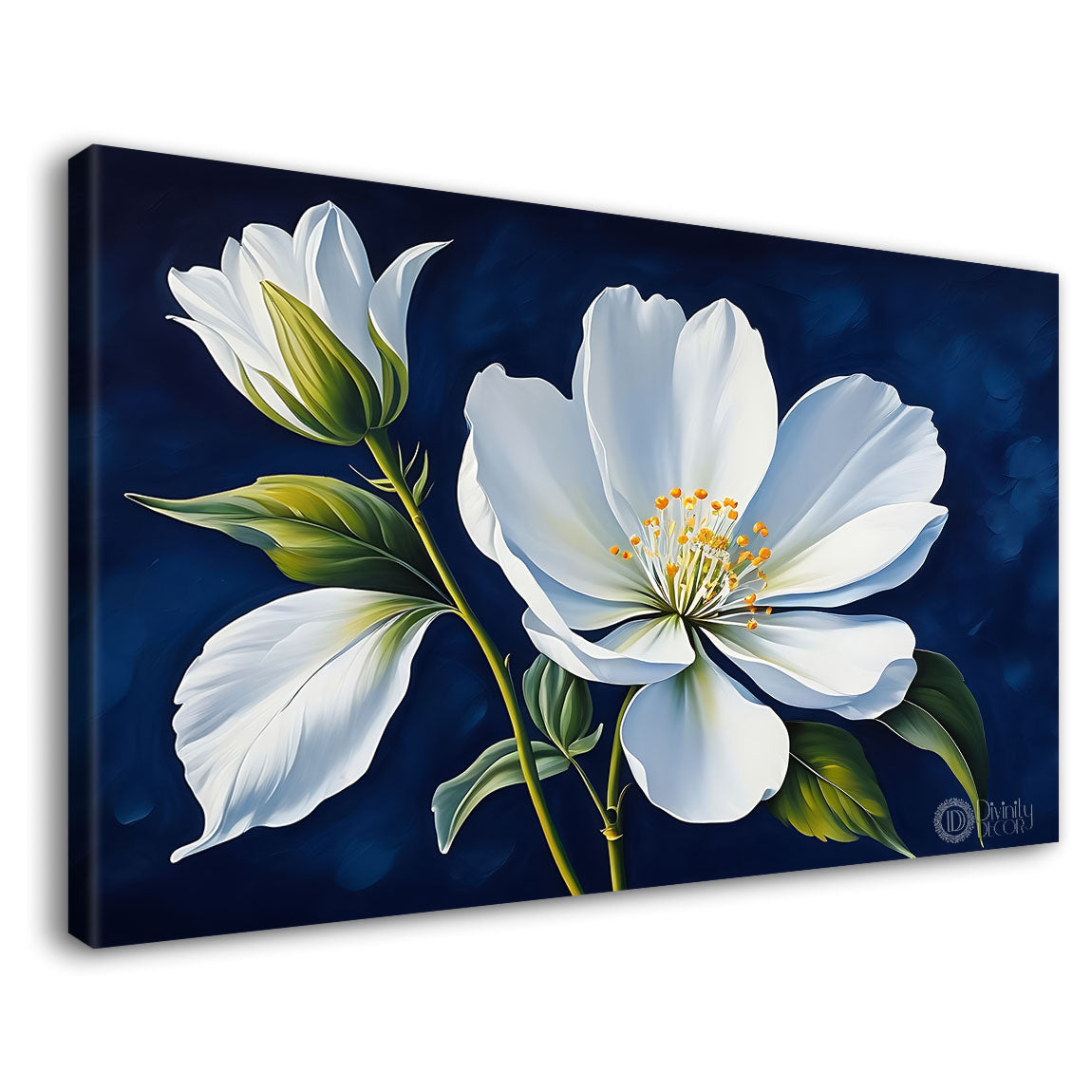 White flowers in navy blue background canvas painting- Flower-878