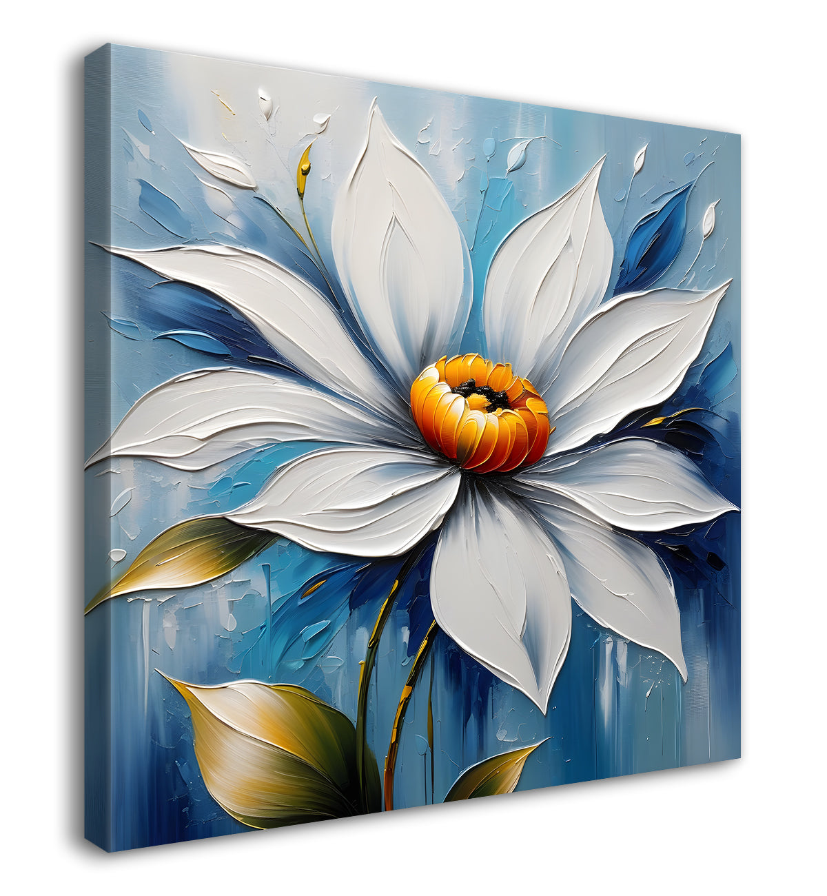 White flowers in blue  background textured painting - Flower-S-87