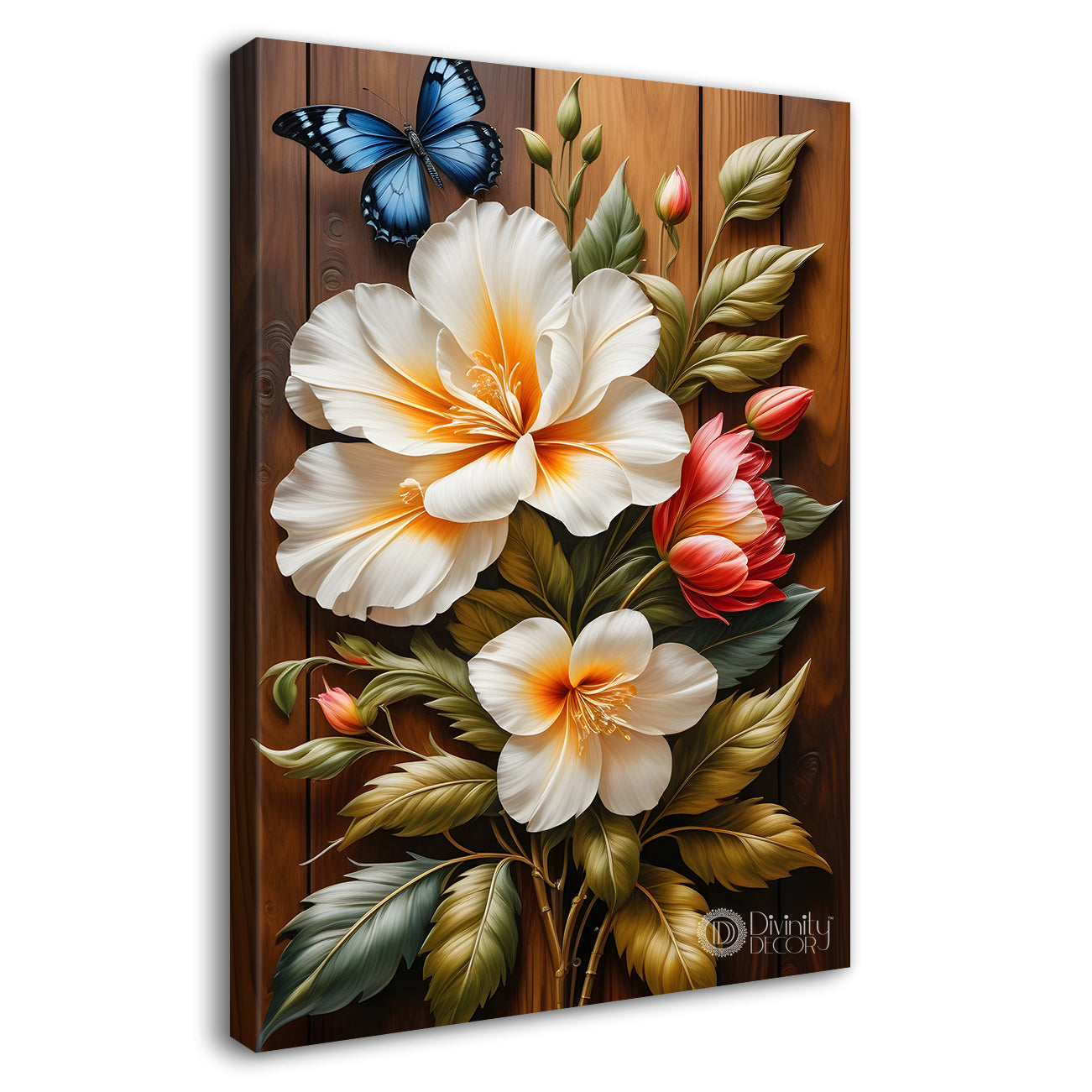 White flowers in light brown textured painting - Flower-V-87