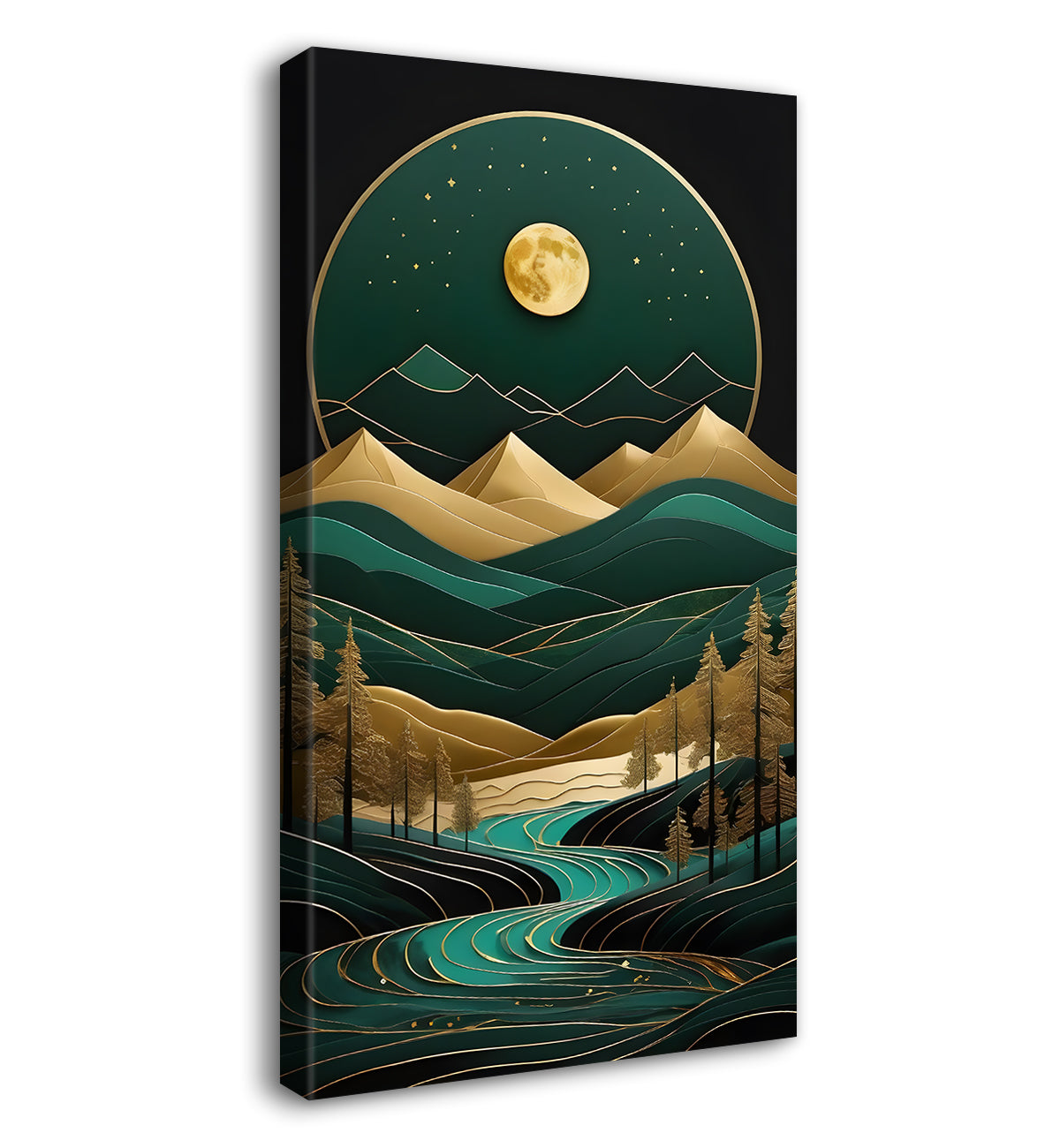 Green mountais with golden moon and trees in textured painting Canvas Painting - Nature Art -V-87