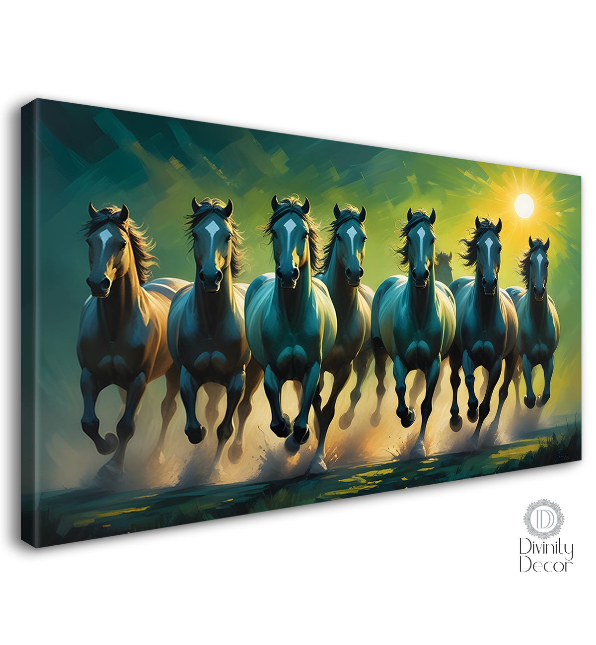 Dark green running horses with sun and green textured background art Canvas Painting - Design - Horse-88