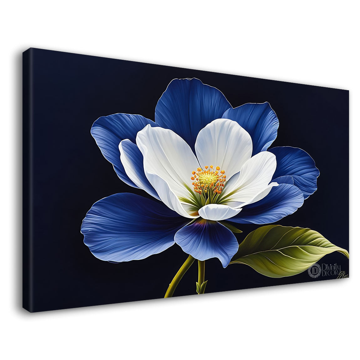 White flower in navy blue background canvas painting- Flower-881