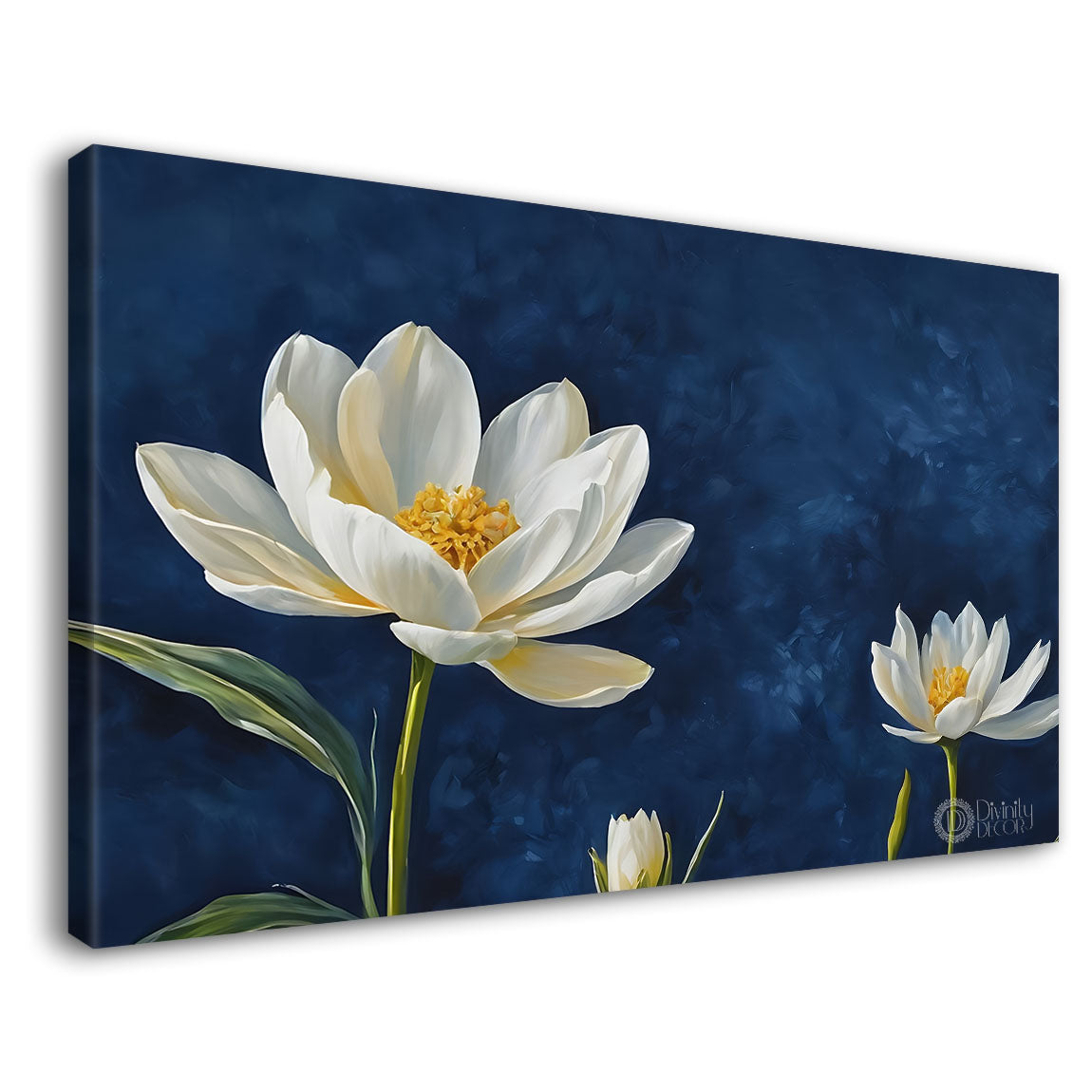 White flowers in navy blue background canvas painting- Flower-883