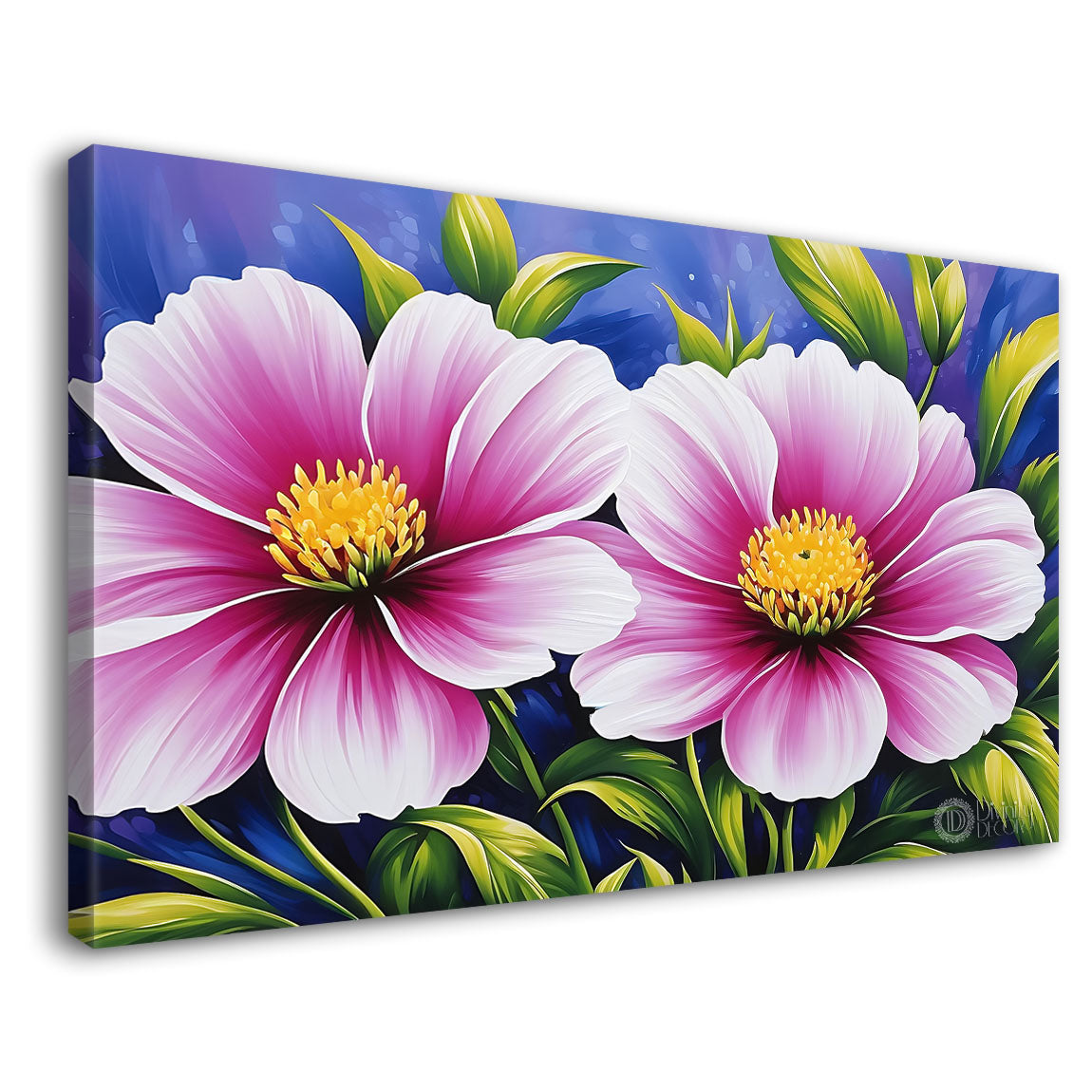 Pink flowers in navy blue background canvas painting- Flower-886