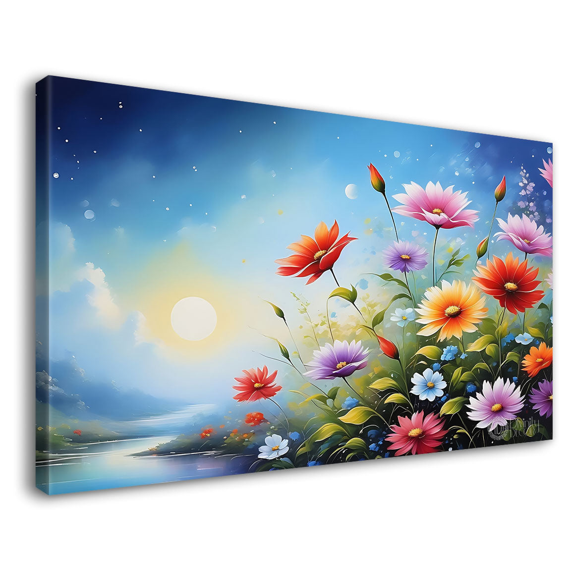 Colorful flowers in blue background canvas painting- Flower-889