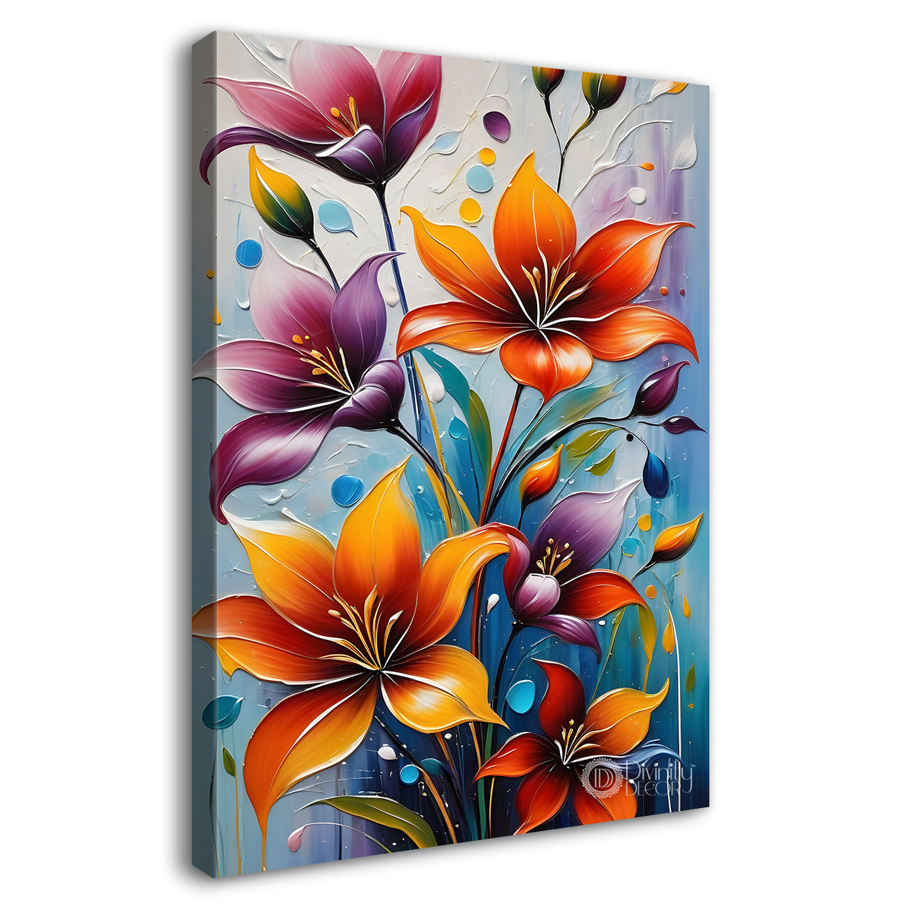 Colourful flowers in light blue textured painting - Flower-V-88