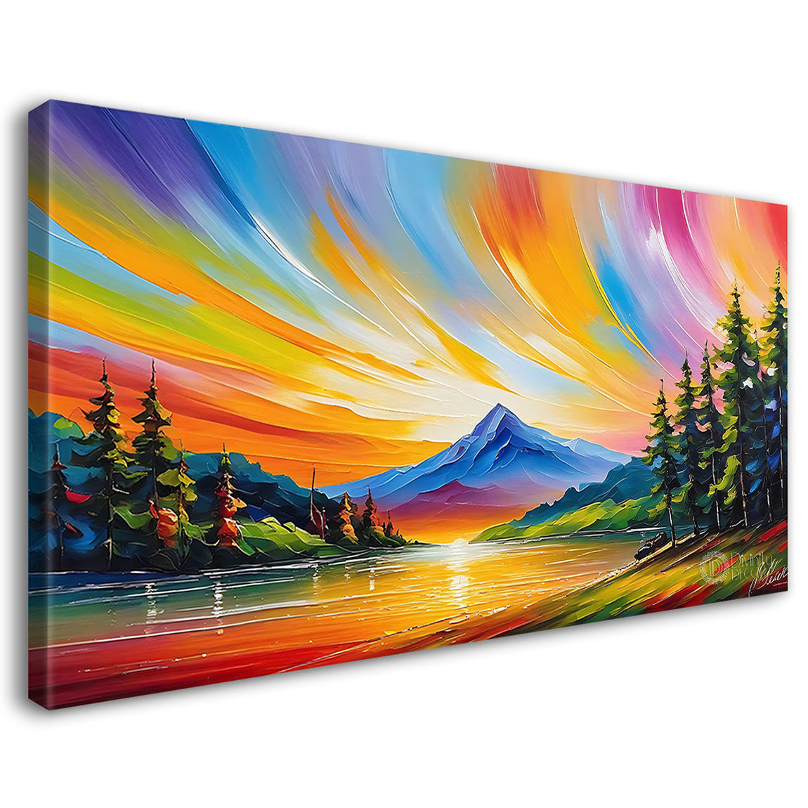 Mountains with trees and colorful sky textured painting Canvas Painting - Nature Art -88