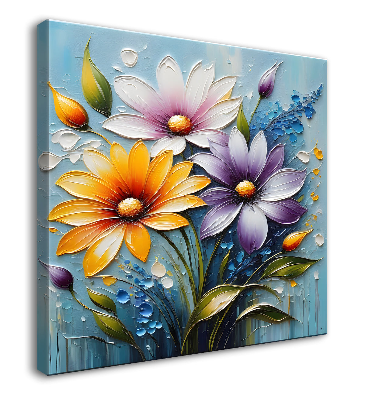 Orange and purple flowers in blue background textured painting - Flower-S-88