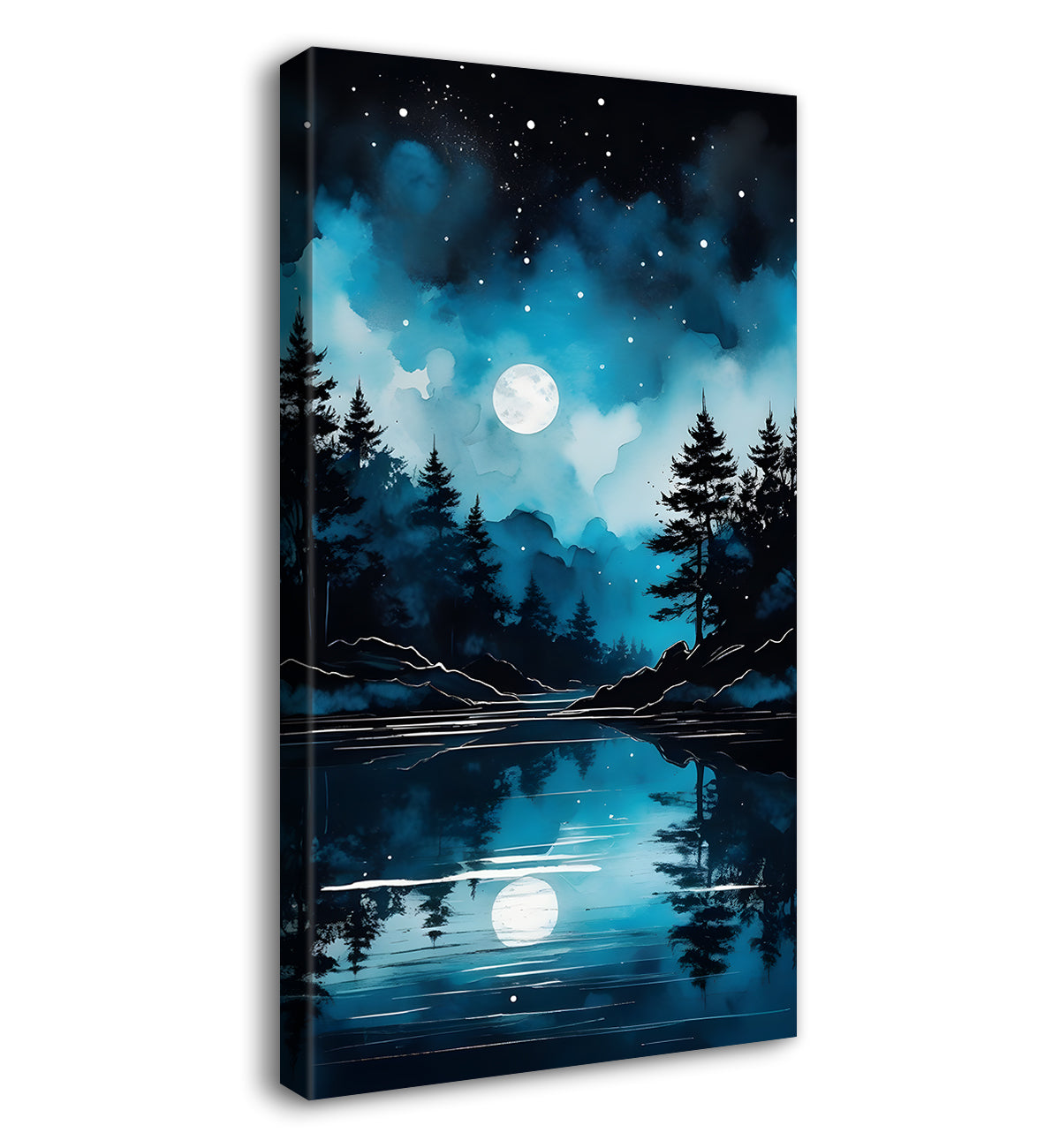 Blue sky with moon and mountains with river and trees in dark textured painting Canvas Painting - Nature Art -V-88