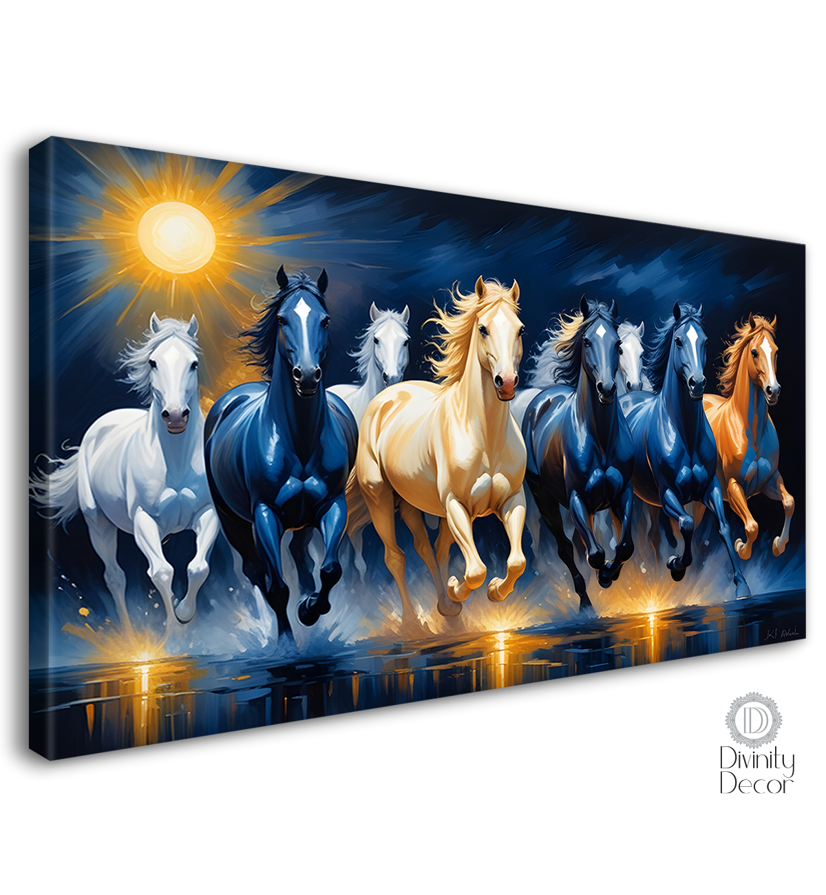 Brown, blue and white running horses on the water with sun and dark blue textured background art Canvas Painting - Design - Horse-89