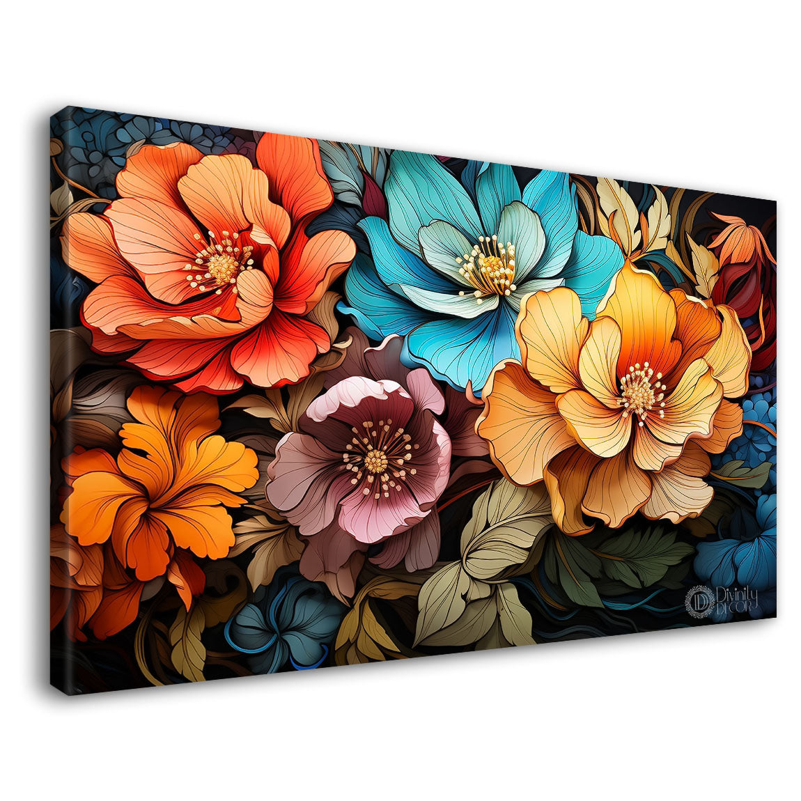 Colorful flowers in black background canvas painting- Flower-890