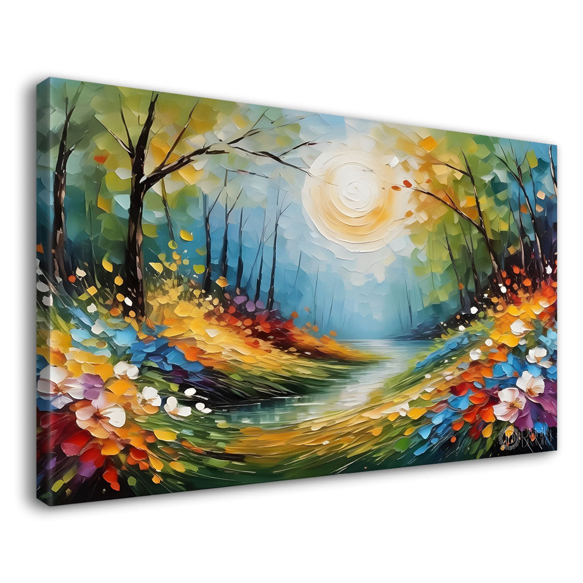 Trees with colorful flowers and sun textured background painting- Design - Flower-89