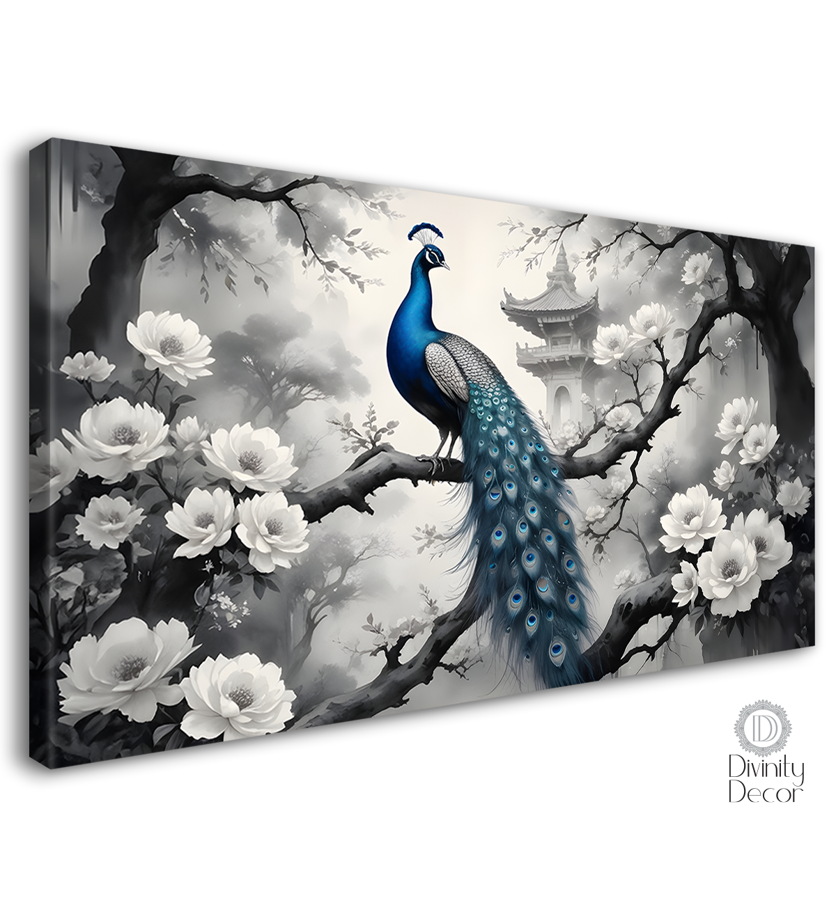 Peacock on the branch with white flowers background textured art. - Design - Animal -89