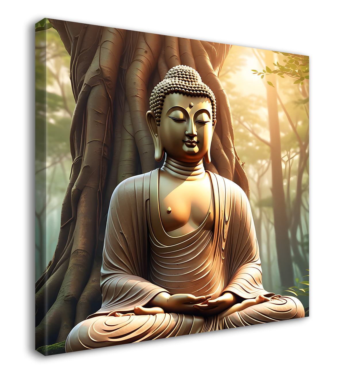 Golden buddha stachue in forest dark brown painting 24x24 inch Buddha-S-89