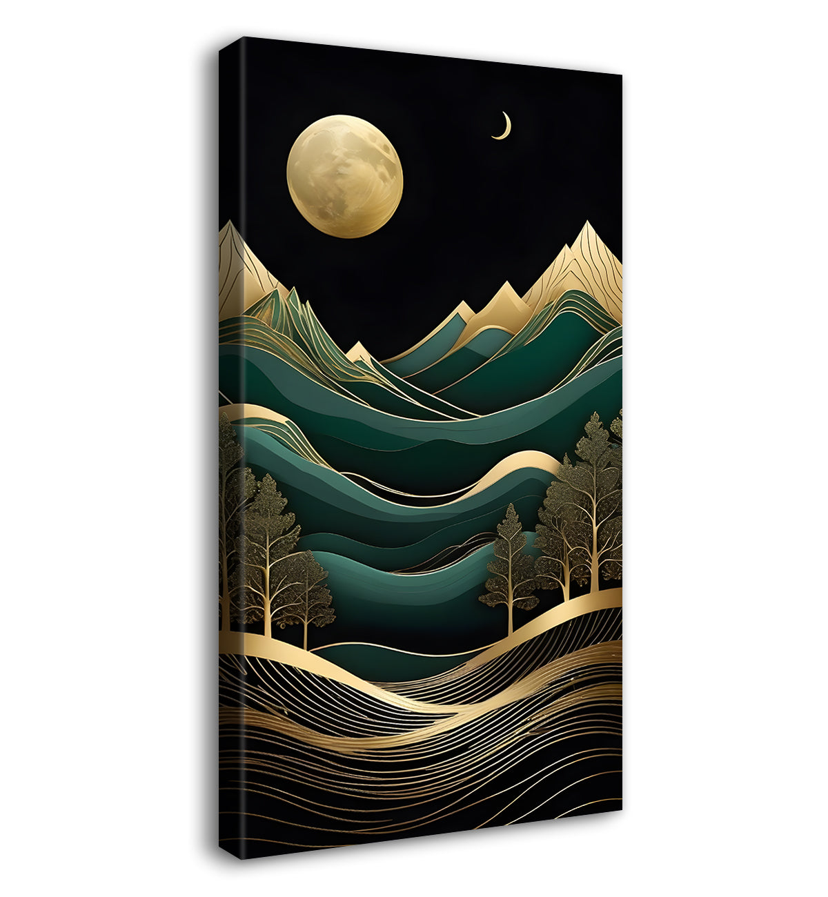 Green mountais with golden moon and trees in textured painting Canvas Painting - Nature Art -V-89