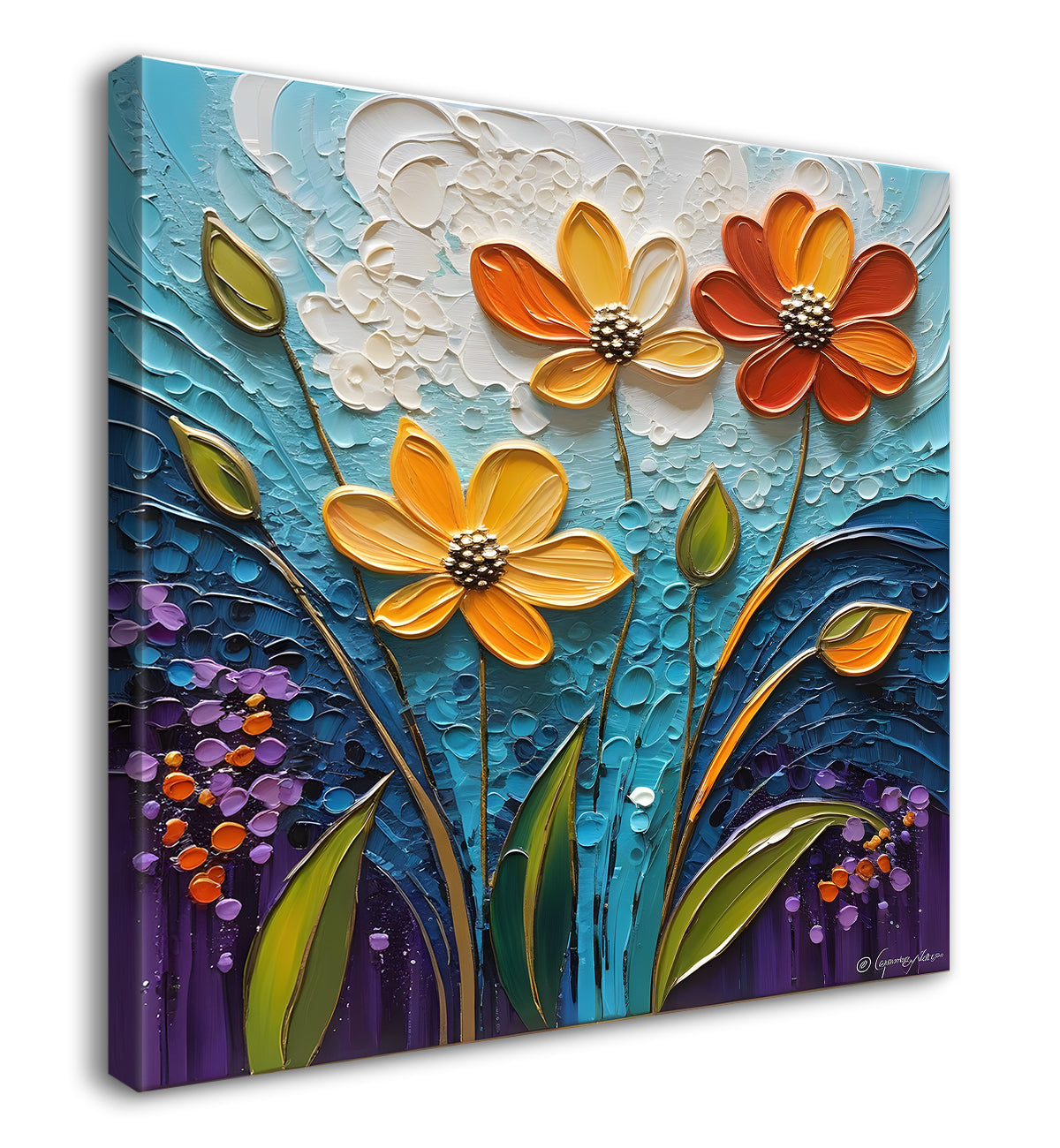 Colourful flowers in blue background textured painting  - Flower-S-8