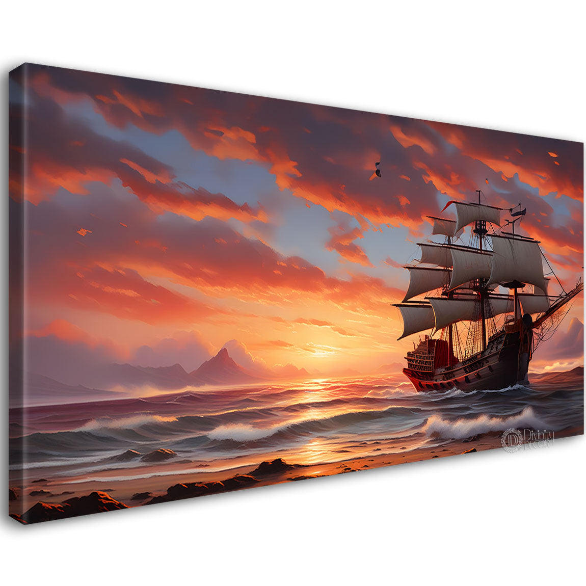 Ship with sunset background in textured modern art canvas painting - Design - River-8