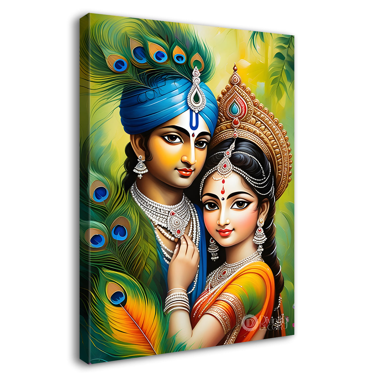 Krishna with radha in peacock feathers background textured art Canvas Painting - Design - Krishna-V-8