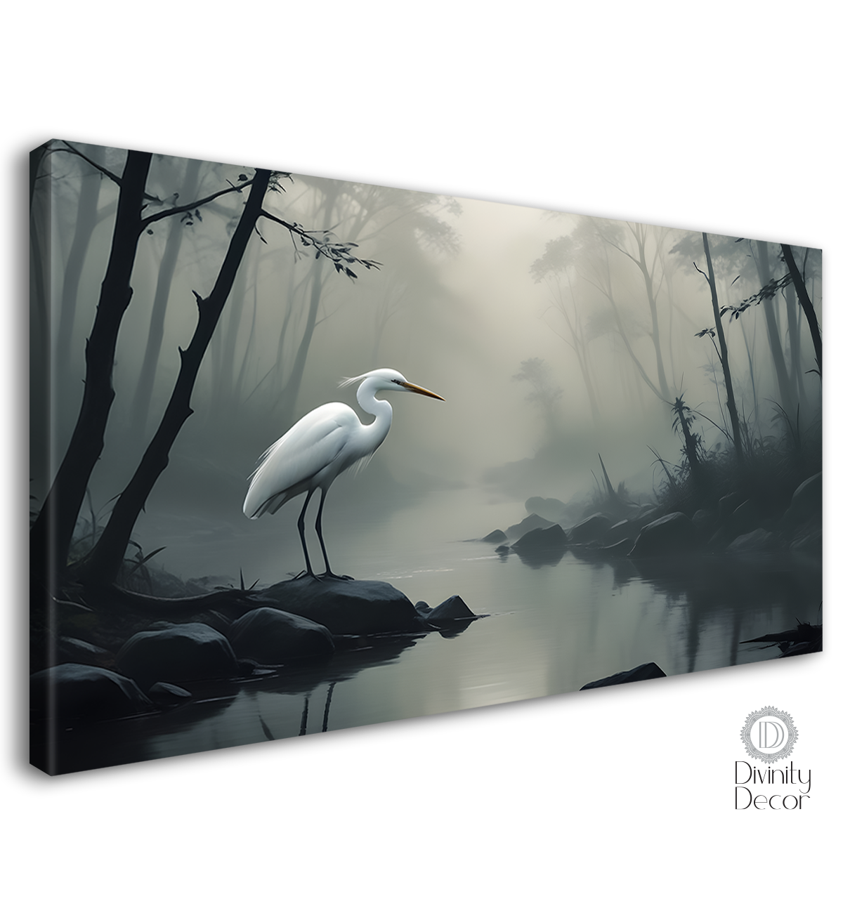White Egret with lake and trees in a fog. - Design - Animal -8
