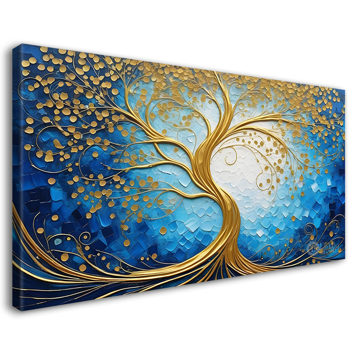 Golden tree with blue textured modern art Canvas Painting - Design - Tree-8