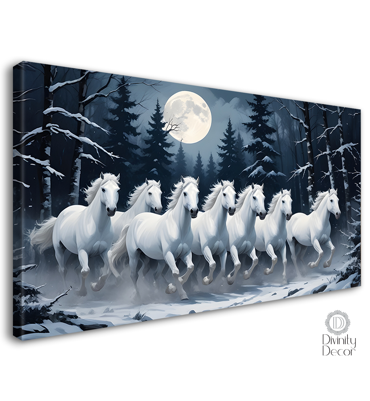 White horses running with moon and trees in black textured background art Canvas Painting - Design - Horse-9