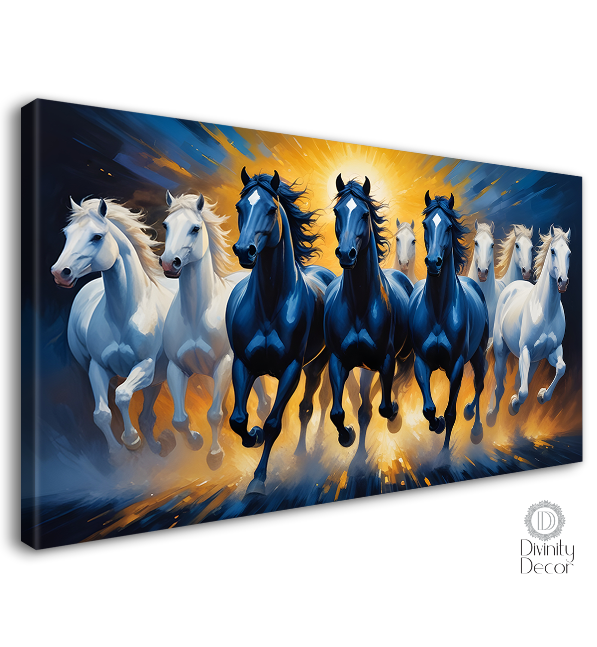 Blue and white running horses on the water with sun and dark blue textured background art Canvas Painting - Design - Horse-90