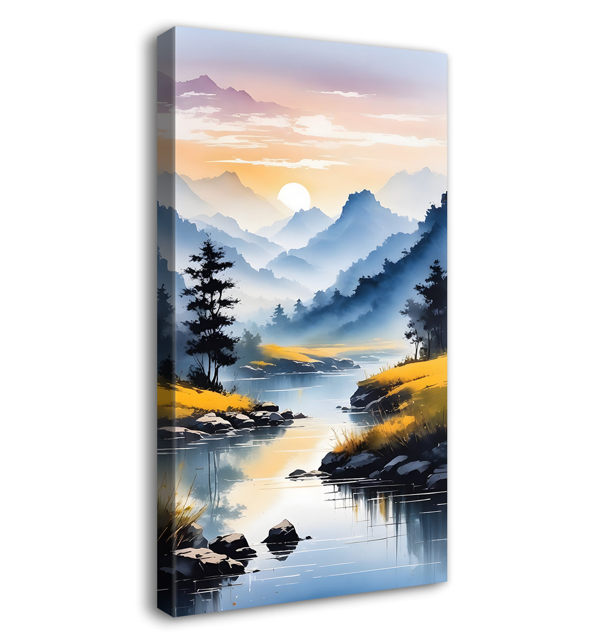 Mountains with lake and grreenery in textured painting Canvas Painting - Nature Art -V-90
