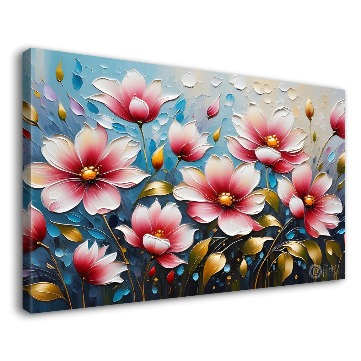 Pink flower with blue textured background painting- Design - Flower-90