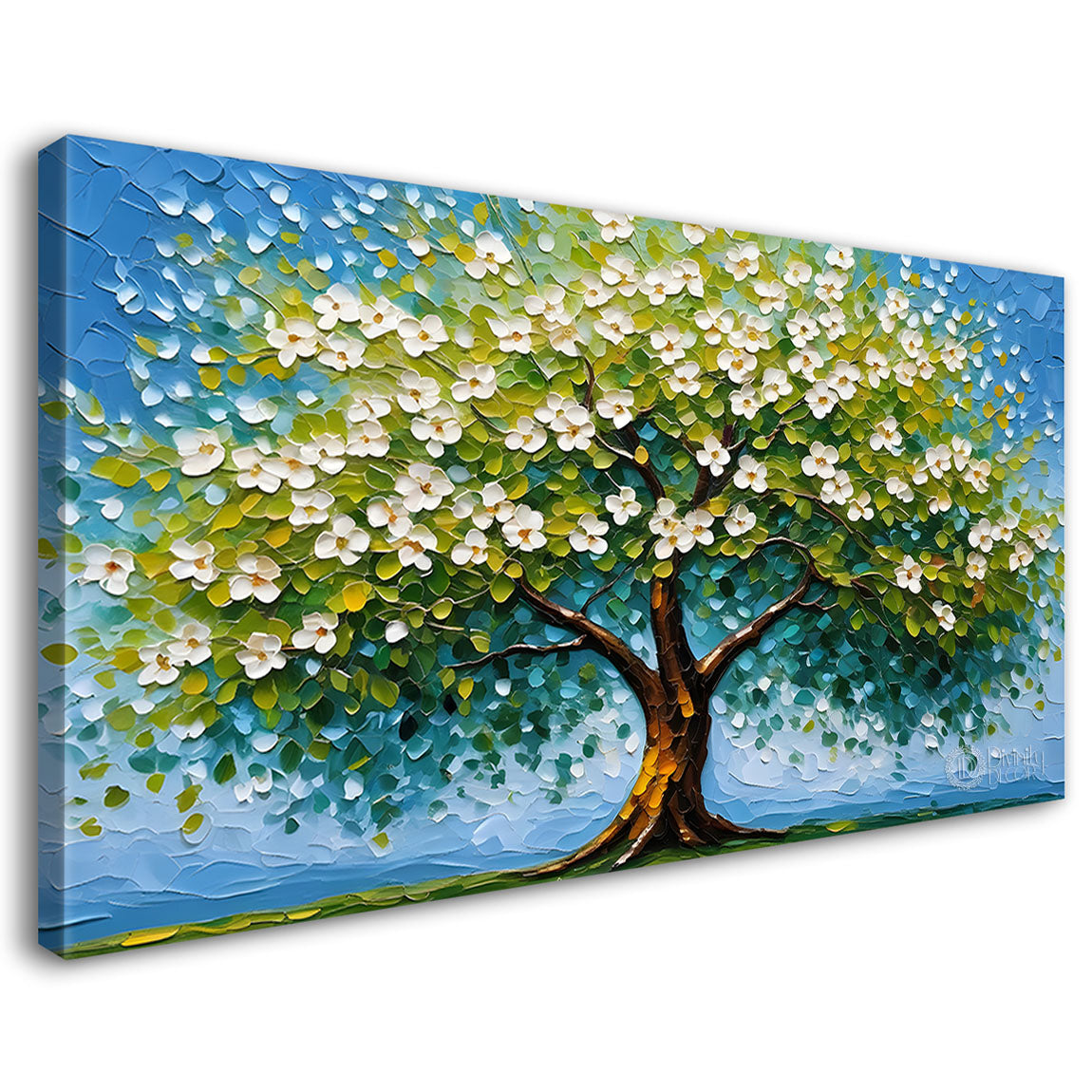 White flower tree in textured background oil painting Canvas Painting - Design - Tree-90