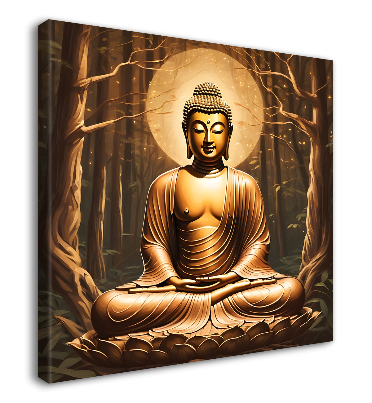 Golden buddha stachue in forest dark brown painting 24x24 inch Buddha-S-90