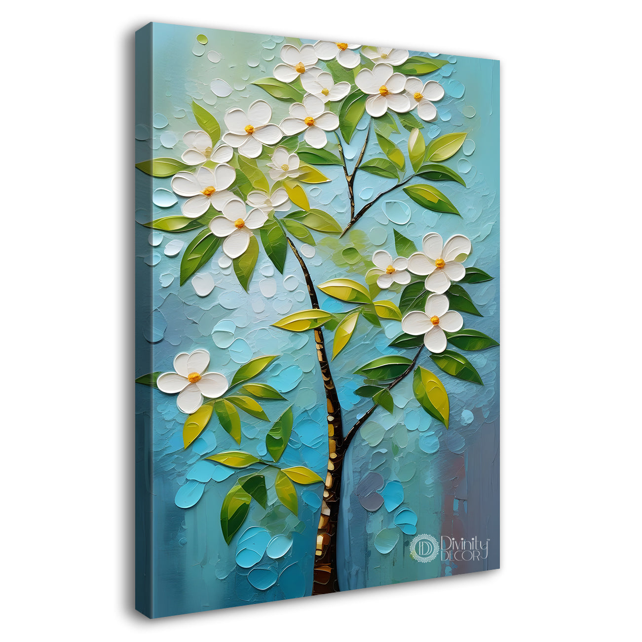 White flowers in blue textured background painting - Flower-V-90