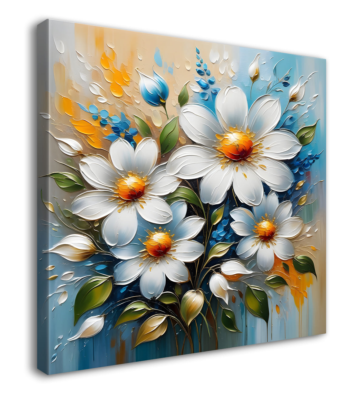White flowers in blue background textured painting - Flower-S-90
