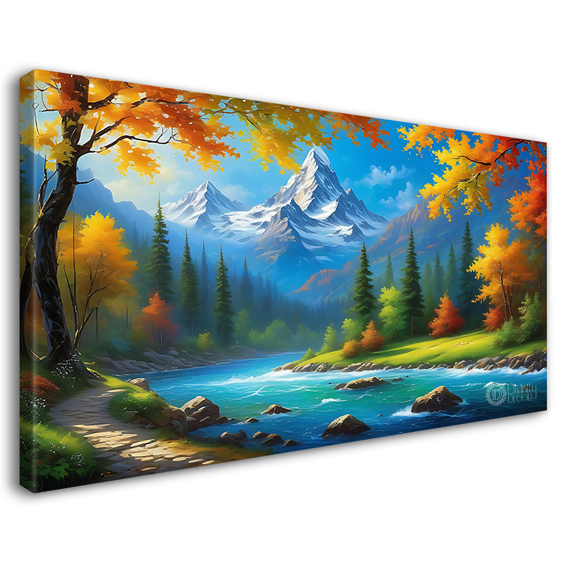 Mountains with trees and lake in textured painting Canvas Painting - Nature Art -90