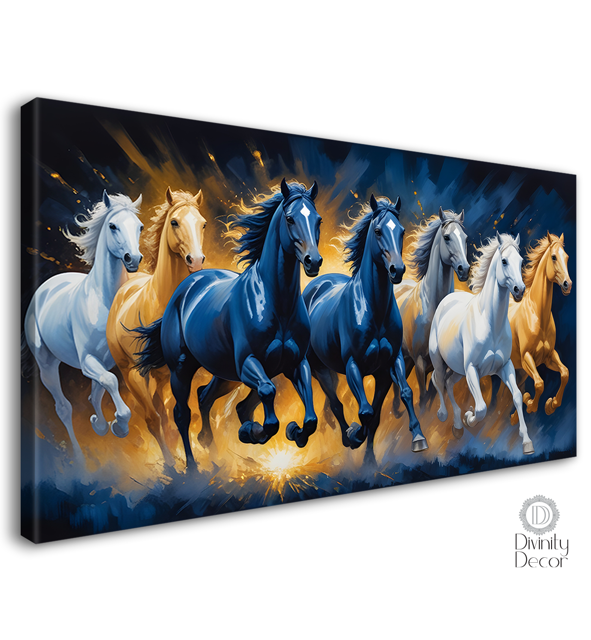 Brown, blue and white running horses in yellow and dark blue textured background art Canvas Painting - Design - Horse-91