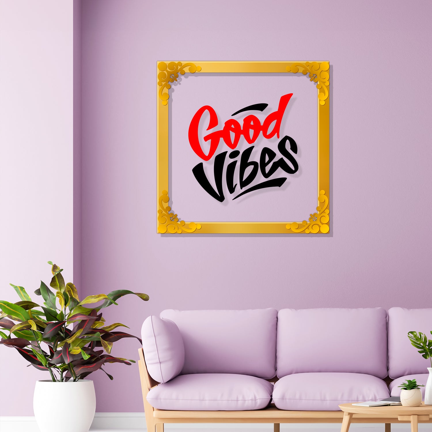 Good vibes Golden Plaque for Gifting, Wall Decor Clear UV print with Golden Border-91