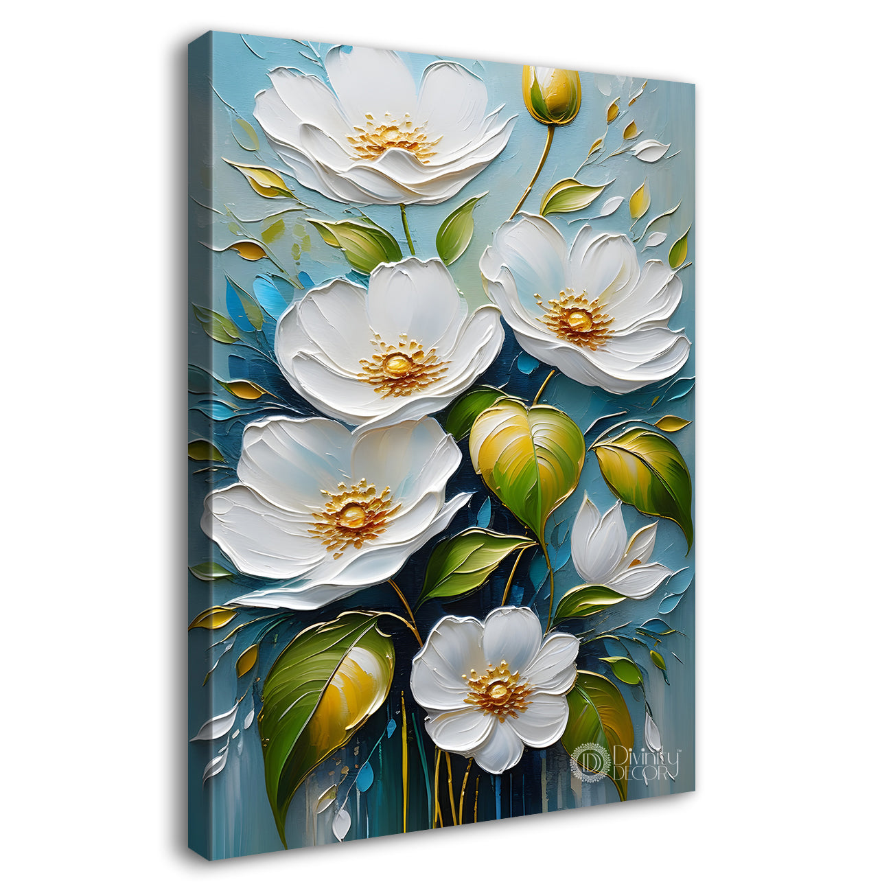 White flowers in blue textured background painting - Flower-V-91